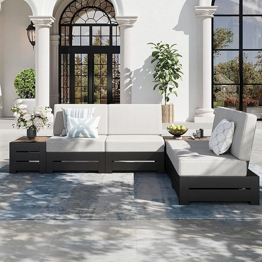 Upgraded 6-Piece Metal Patio Furniture Set with 5.9" Thick Cushion, Outdoor Sectional Furniture Conversation Set with Coffee Table & Side Table, Patio Modular L Shape Sofa for Backyard