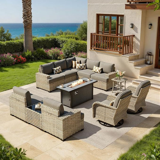 HOOOWOOO Sectional Patio Furniture Set with Fire Pit Table,12 Pieces Wicker Outdoor Furniture L Shaped Couch,Outside Conversation Set Extra Deep Seat Sofa Wide Arm Swivel Chairs Solar Light,Dark Gray