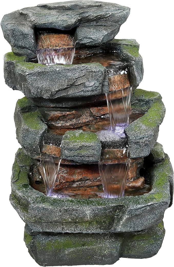 Sunnydaze 23-Inch Stone Waterfall Polyresin and Fiberglass Outdoor Tiered Fountain with LED Lights