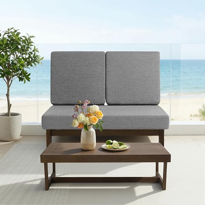 UIXE All Weather Wood Patio Furniture Sets, 3 Pieces Patio Loveseat Sofa Outdoor Sectional Futniture Backyard Conversation Set with Solid Wooden Coffee Table - Grey