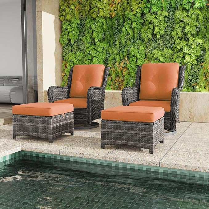5 Piece Outdoor Patio Furniture Set Wicker Conversation Bistro Set Swivel Rocking Chairs with Side Table and Ottomans for Backyard, Porch, Deck(Mixed Grey/Orange)