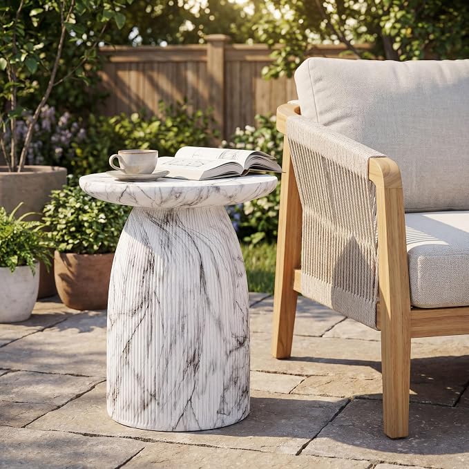 Christopher Knight Home Norford 17" Lightweight Concrete End Table, Indoor Outdoor Accent Table, Round Side Table with Marble Effect and Sculptural Base, Side Table for Patio or Living Room, Marble