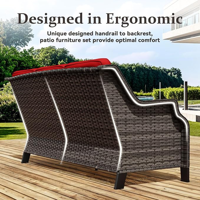 5 Pieces Patio Furniture Set, Outdoor Furniture Set with 2 Patio Swivel Rocking Chairs, 2 PE Rattan Ottoman, 1 Outdoor Wicker Sofa with Thick Cushions, Ideal for Backyard, Garden, Poolside, Red