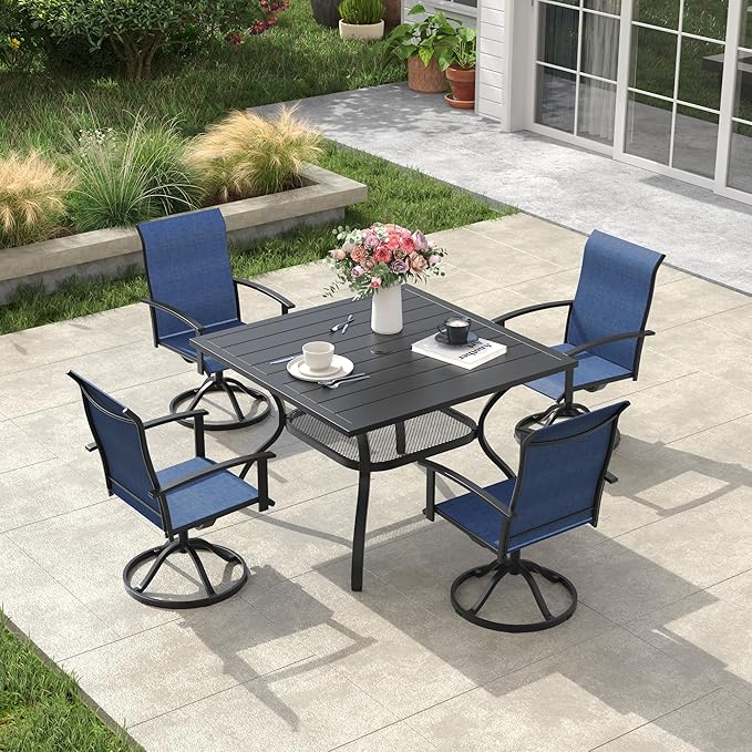 VICLLAX Outdoor Table and Chairs Set for 4, Patio Dining Set of 37.8" Metal Square Patio Table with Umbrella Hole & 4 Swivel Outdoor Dining Chairs for Backyard Lawn, Dark Blue & Black