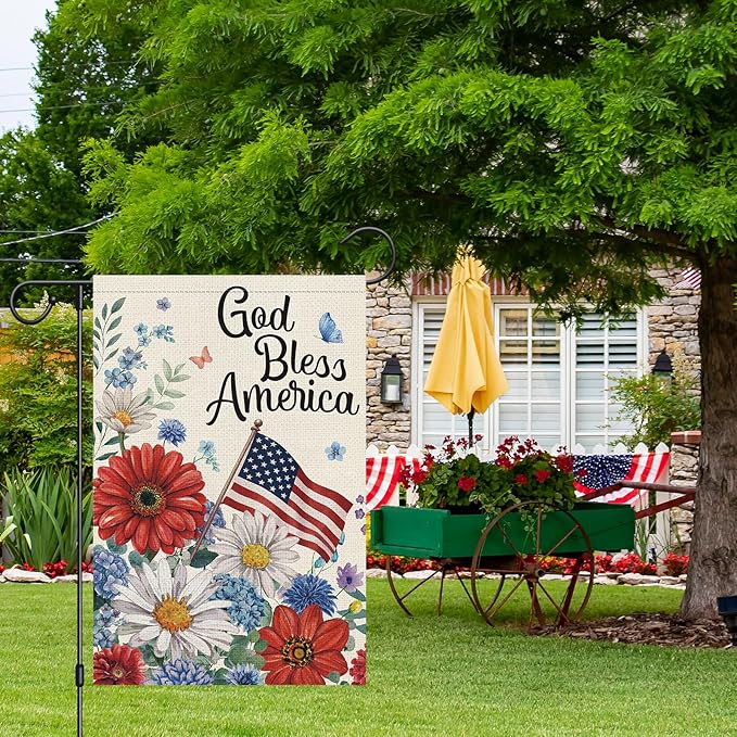 Heyfibro God Bless America Patriotic Garden Flag 12x18 Double Sided Burlap, 4th of July Watercolor Daisy Floral USA Yard Banner for Rustic Independence Day Outdoor Decor (ONLY FLAG)