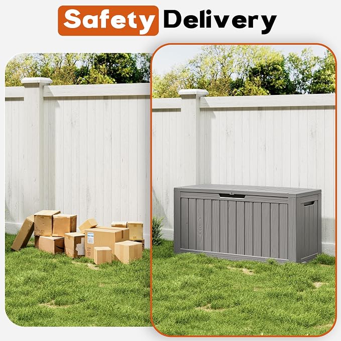 Outdoor Storage Box, Resin Deck Boxes Indoor and outdoor, Waterproof Storage Box Lockable Lid (Grey, 75 Gallon)