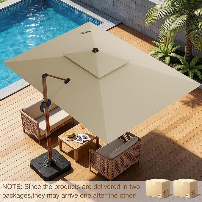 10x13FT Cantilever Outdoor Patio Umbrellas with Base, Double Top Wood Pattern Rectangle Umbrella, Heavy Duty 360°Rotation Offset Umbrella for Garden Deck Pool Patio, Beige