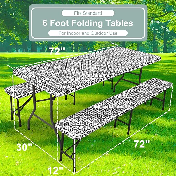 misaya Picnic Table Cover with Bench Cover, Waterproof Elastic Fitted Tablecloth for 6 Foot Tables, Rectangle Washable Polyester Tablecloths for Picnic, Camping, Outdoor (Black, 30" x 72")