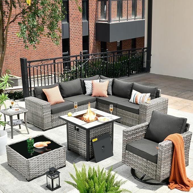 HOOOWOOO Outdoor Patio Sectional Furniture Sofa Set with Propane Gas Fire Pit Table,9 Piece Modern Wicker Couch with Swivel Chair,Modular L Shaped Conversation Seating Set with Wide Arm(Black)
