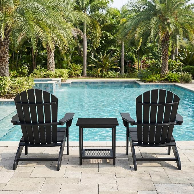 2-Tier Outdoor Side Table with Storage, Weather Resistant Patio End Table, HDPS Small Accent Table for Deck, Garden, Pool, Backyard, Black
