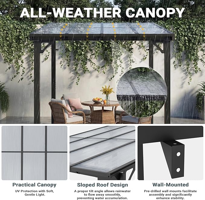 AirWire 10'x8' Wall-Mounted Lean to Gazebo with Aluminum Frame & Polycarbonate Panel, 8x10 FT Hardtop Pergola with Sloped Roof for Backyard, Porch, Deck