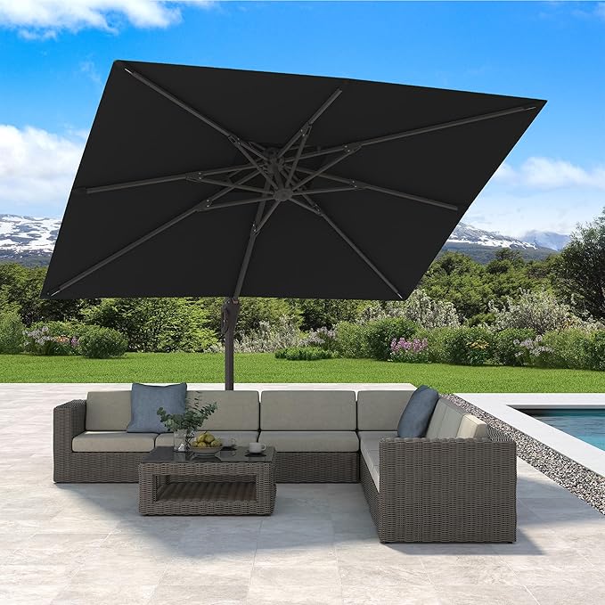 10' X 13' Cantilever Patio Umbrella with Base Included Double Top Rectangular Outdoor Large Offset Umbrellas with 7 Tilts Adjustable 360°Rotation for Deck Pool Garden Backyard, Black
