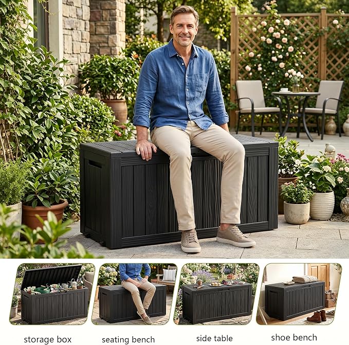 EasyUp 92 Gallon Reinforced Resin Deck Box – Waterproof & UV-Resistant Outdoor Storage, Large Capacity Patio Storage Bin for Furniture Cushions, Throw Pillows, Garden Tools, Pool Floats, Black