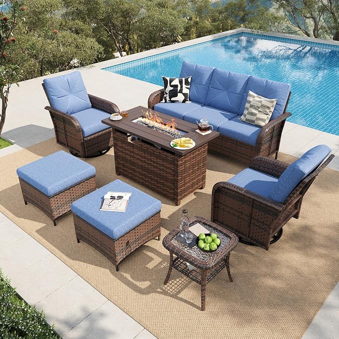 LazySunsets 9 Piece Outdoor Patio Furniture Set with 44'' Fire Pit Table, Wicker Rattan Outdoor Furniture with High Back Swivel Rocker Chairs, Outdoor Sofa Set with Thick Cushions & Ottoman, Navy Blue