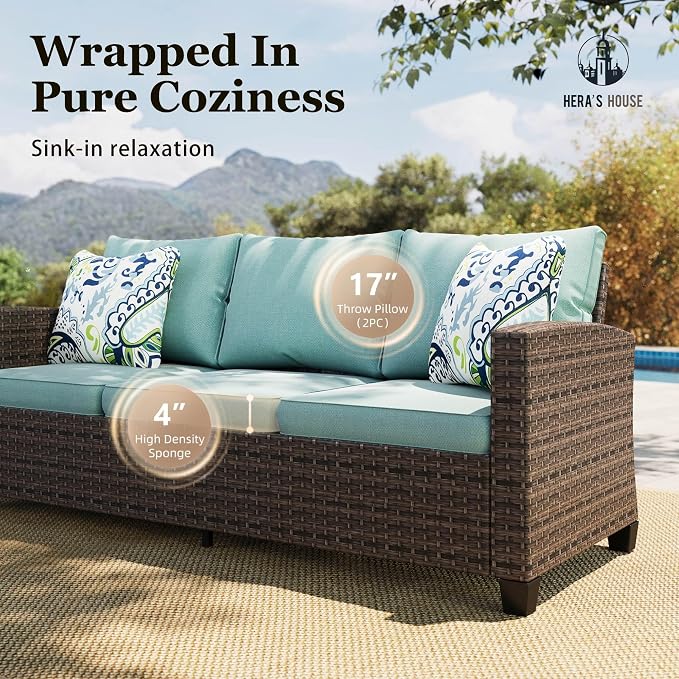 HERA'S HOUSE Wicker Patio Furniture Set, 5 Pieces Outdoor Furniture Set, Deep Seating Patio Conversation Sofa Sets for Lawn Deck Backyard, Blue