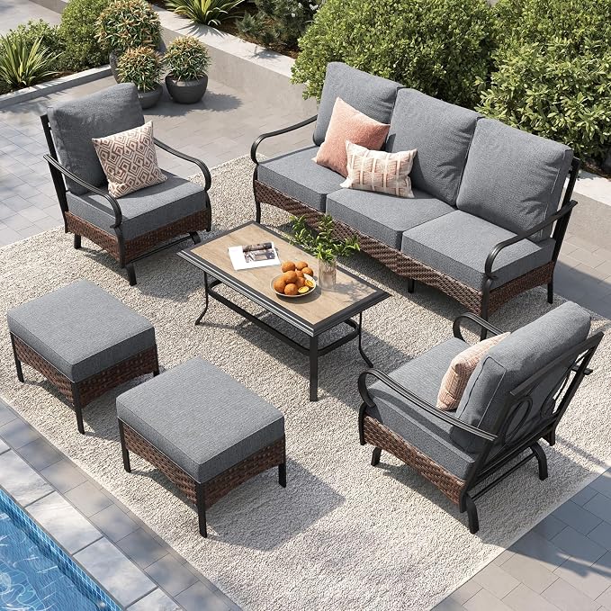 PHI VILLA Patio Furniture Set, Upgraded Wicker & Metal Modern Outdoor Conversation Sets Patio Sectional Rocking Chair Set with Coffee Table & Waterproof Thick Cushions for Porch, Deck(6 Pieces, Grey)
