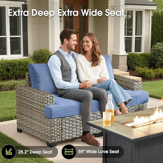 Outdoor Sectional Patio Furniture Set with Fire Pit,7 Pieces Rattan Conversation Sets,Out Door L Shaped Furniture with Glowing Coffee Table,Denim Blue