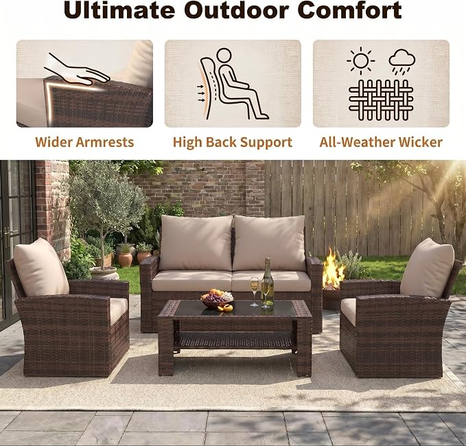 UDPATIO Patio Furniture Set, Outdoor Furniture Sets with Loveseats Sofa, Wicker Rattan Outdoor Conversation Set with Storage CoffeeTable for Backyard, Deck, Porch,Brown/Grey