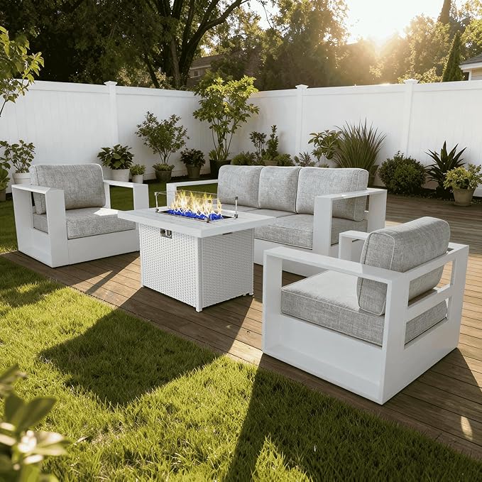4 Pieces Patio Furniture Set with Fire Pit Table, Metal Modern Conversation Set with Deep Seating and Widened Aluminum Frame for Deck, Porch, Garden