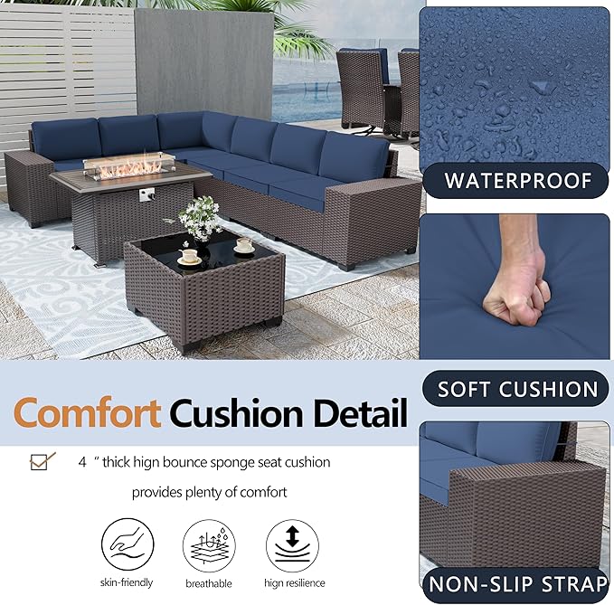 Patio Furniture Set Sofa 7-pcs Wicker Sectional Sofa Set with 55,000 BTU Gas Fireplace Table,Outdoor Furniture Rattan Sets with Tempered Glass Coffee Table
