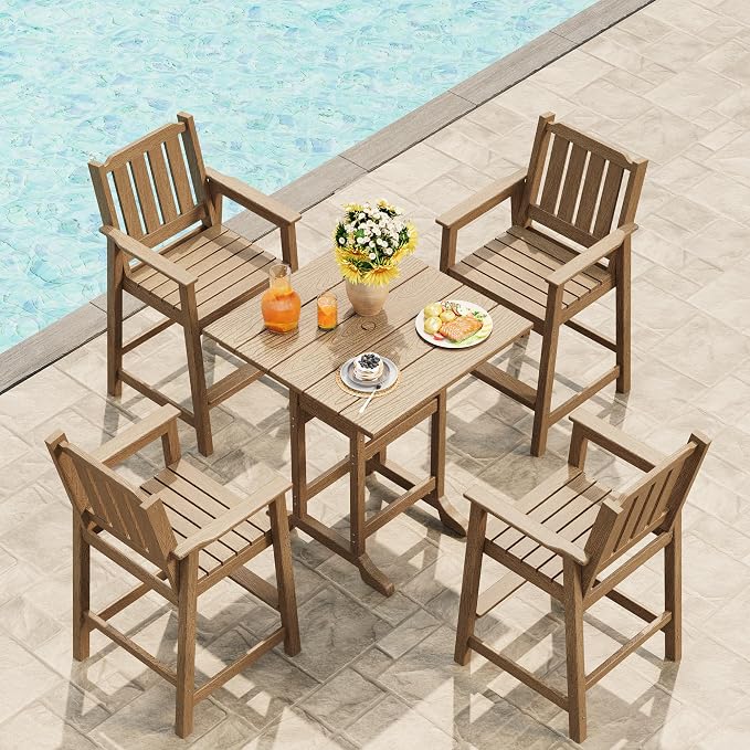 GarveeLife Outdoor Counter Height Bar Dining Table, HDPE Wood Grain Tall Bar Table – 39.6" High Square Pub Table, Cocktail Bistro Table Fits, for Patio, Garden, Poolside, Balcony & Yard (Brown)