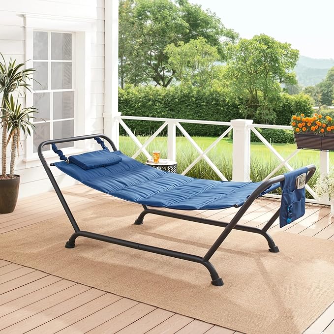 Blue Polyester Hammock with Stand and Pillow for Outdoor