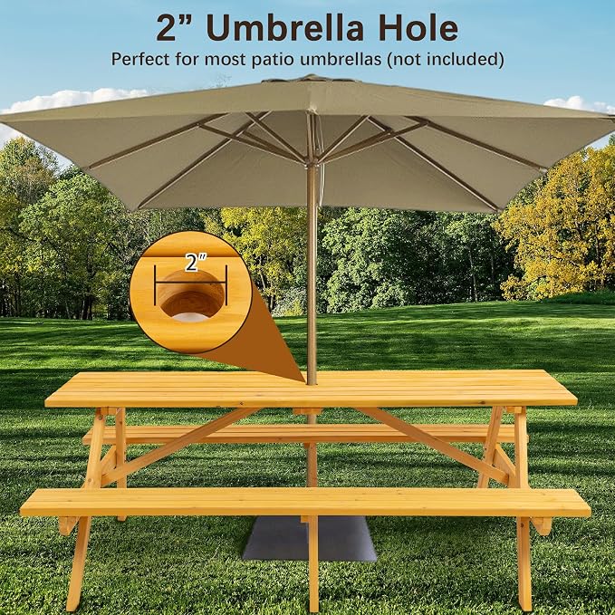 75" Outdoor Wooden Picnic Table with Benches Set, Dining Table Set with 2-Inch Umbrella Hole, One-Piece Wood Picnic Table for Backyard Garden Patio Party Gathering
