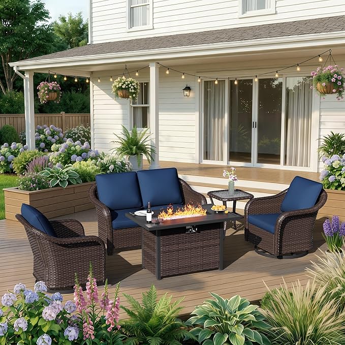 5 Piece Patio Wicker Conversation Set, All-Weather Use Outdoor Wicker Loveseat with 2 PE Rattan Ottomans,2 Swivel Chair, 1 Side Table, Ideal for Porch, Backyard, Balcony, Poolside, Blue