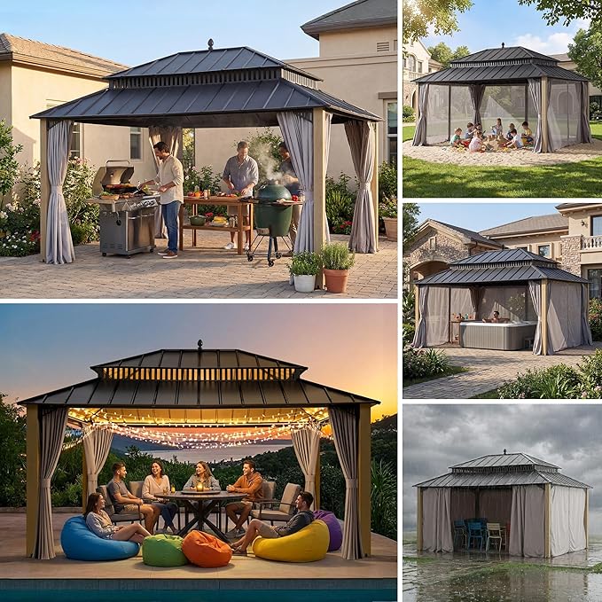 SUNJOY Kingston 16' x 12' Hardtop Wood Gazebo with Galvanized Steel Double Roof, Curtain and Netting, Cedar Posts Permanent Pavilion Gazebo for Garden, Patio, Deck, Lawn