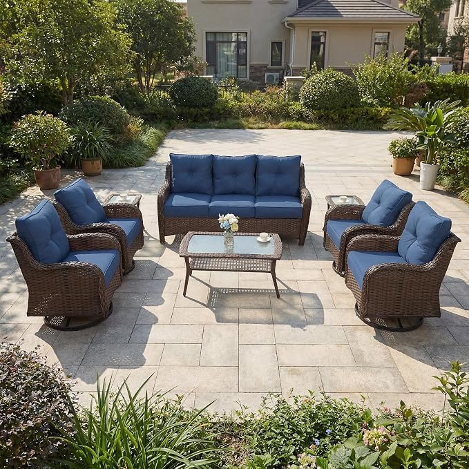 Luxury Patio Conversation Set, 8-Piece Ergonomic High Back Wicker Sofa&Swivel Chair Set with 6-Inch Deep Seating Cushions, Large Patio Furniture Set for Garden, Deck & Balcony, Navy Blue
