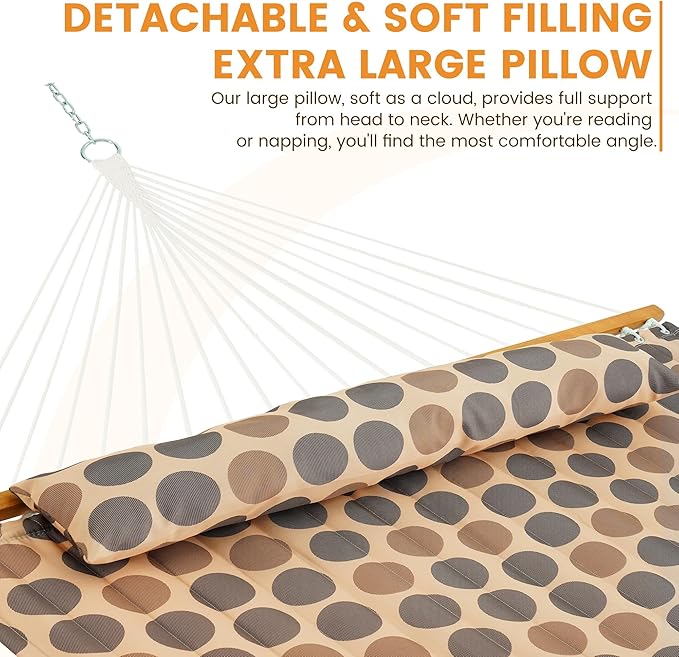 Lazy Daze Hammocks 12FT Quilted Fabric Hammock with Soft Pillow, Double 2 Person Tree Hammock with Spreader Bar for Outside Patio Poolside Backyard Beach, 450 lbs Capacity, Amber Dots
