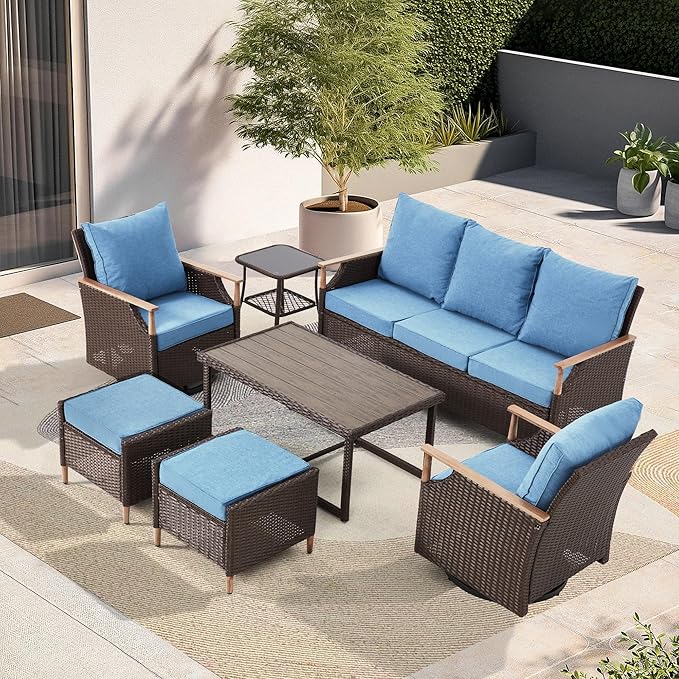 MELLCOM 7 Piece Patio Furniture Set Wicker Patio Conversation Set Rocking Bistro Set with 3 Seater Sofa, Coffee Table, Tempered Glass Side Table and 2 Ottoman, for Backyard Garden Patio (Blue, 7pcs)