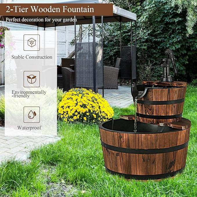 S AFSTAR 2-Tier Barrel Water Fountain Outdoor, Rustic Cascade Fountains with Hand Pump & Adjustable Water Flow, Freestanding Fountains for Garden Patio Backyard Porch Decor