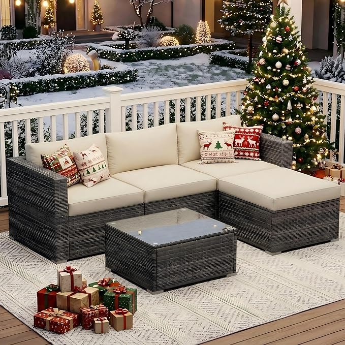 Wisteria Lane 5 Piece Outdoor Patio Furniture Set, All Weather Wicker Rattan Sectional Sofa Conversation Set with Cushions & Glass Coffee Table, Ideal for Backyard Porch Garden Balcony, Beige