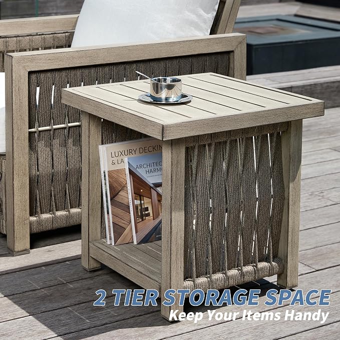 Outdoor Patio Square Side Table, 2-Tier Patio Side Table with Rope Weave, Aluminum Frame Weather Resistant, Patio End Table Furniture Set for Garden Porch Yard Deck, Gray Oak