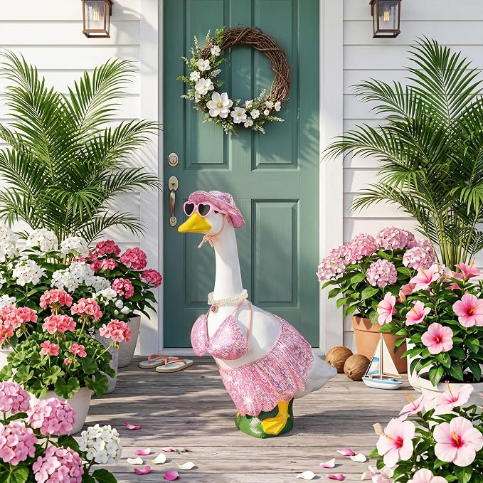 Pink Bikini Goose Clothes Set with Sunglasses Necklace Hat, Pink Sequin Swimming Suits Porch Goose Outfits for 23 Inch Goose Statue, Summer Pool Party Garden Decor (Pink)