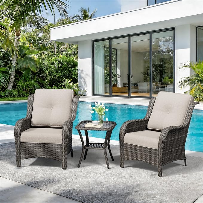3 Pieces Outdoor Wicker Patio Furniture Set - Patio Chairs Set with Thickened Olefin Cushions, High Back and Deep Seating, Curved Armrest, PE Rattan for Porch, Deck, Balcony,Beige