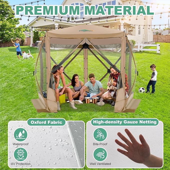COBIZI 10x10 FT Pop up Gazebo, Popup Canopy Tent, Screened in Gazebos, Waterproof Portable Outdoor Small Screen Tents Sun Shelter,carpas para Patio for Camping, Garden and Backyard,Khaki