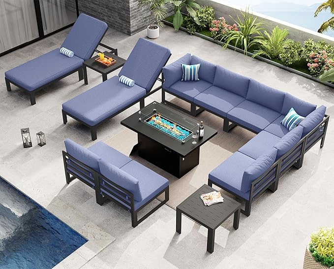 NICESOUL 13 Pcs Large Modern Aluminum Outdoor Sofa with Lounger & Fire Pit Table, 29" Deep Seat, 500 lbs Durable Sectional Set for Heavy People, All Weather Patio Furniture Set for Garden, Denim Blue