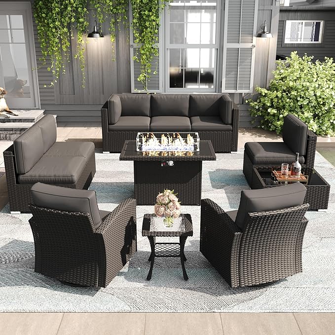 LayinSun 11 Pieces Patio Furniture Set with Fire Pit Table, Black Rattan Modular Sectional Outdoor Conversation Sofa Set, Swivel Rocking Chairs Set