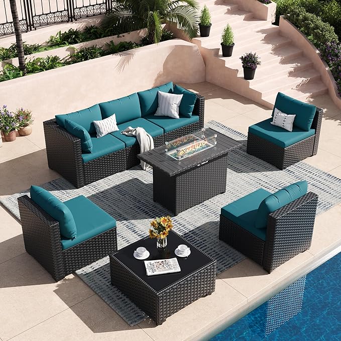 8 Piece Patio Furniture Set with 43" Fire Pit Table, Outdoor Sectional Wicker Rattan Sofa Set with Coffee Table (Peacock Blue/Black)