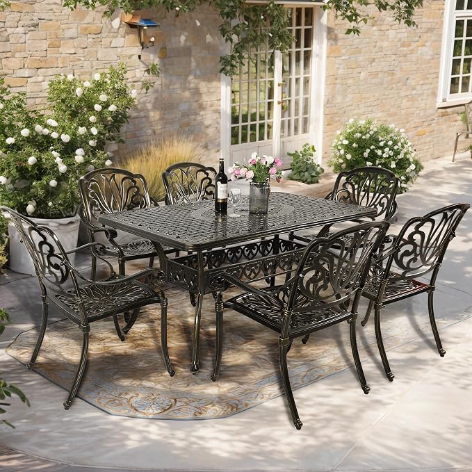 7-Piece Outdoor Patio Dining Set, 60” Rectangular Cast Aluminum Dining Table with Umbrella Hole and 6 Outdoor Dining Chairs, Patio Funiture Set for Backyard, Patio, Garden