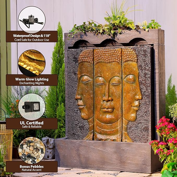 Tankana 45" Outdoor Fountain Zen Buddha Face Wall Fountains and Waterfalls with Planting Groove for Meditation Room Balcony Home Garden Patio, Gold