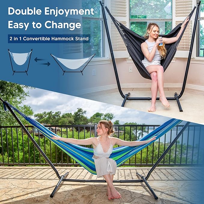 SUNCREAT 2-in-1 Convertible Swing Chair with Stand Included, Outdoor Hammocks for Outside, Patented, Green Strip