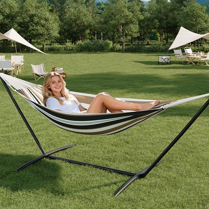 Double Hammock with Stand - Heavy Duty 450lbs Capacity, Portable Cotton Hammock for Two Adults, Indoor & Outdoor Use with Travel Bag(Coffee)