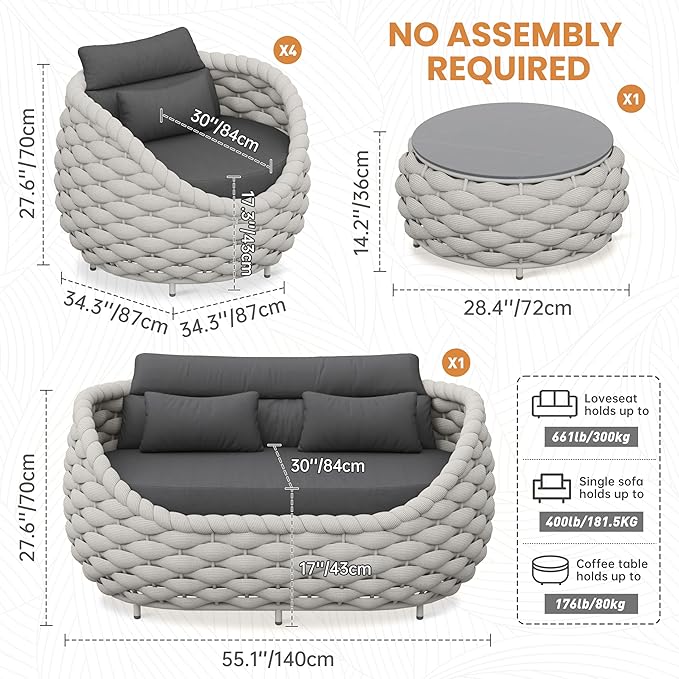 Cushioned Outdoor Patio Furniture Set: 6 Pieces Aluminum Porch Conversation Sofa Set - Modern Hand Woven Rope Deck Couch Set - No Assembly All Weather for 661lbs Yard Garden Poolside Hotel, Gray