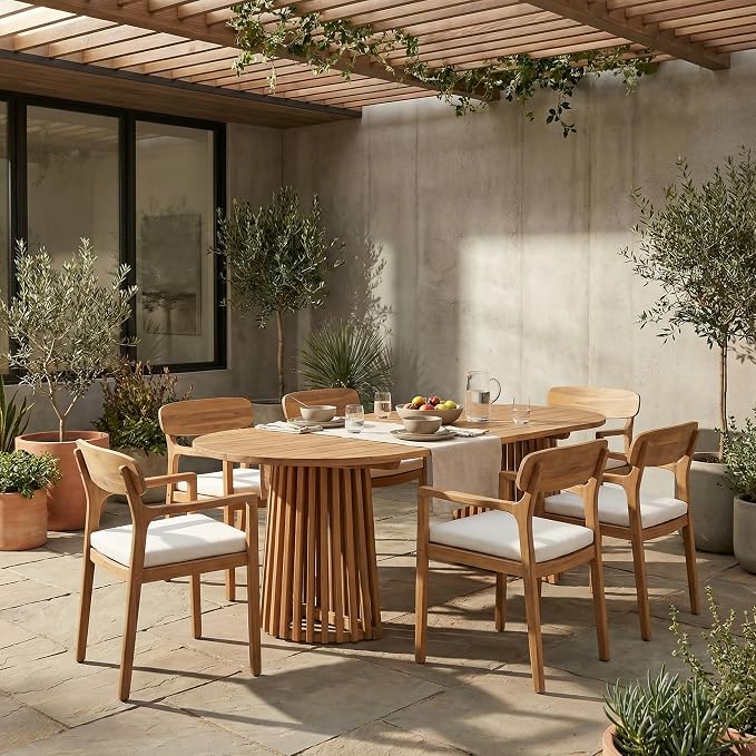 Christopher Knight Home Zoa Acacia Wood Dining Set for 6, Outdoor Dining Table with Dual Slatted Pedestal Bases, Outdoor Dining Chairs with Cushions, 7 Piece Patio Dinner Set, Beige/Teak