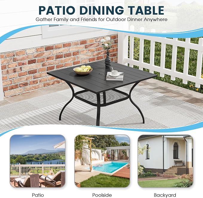 5 Pieces Patio Dining Set, 38" Square Dining Table with Umbrella Hole, 4 Stackable Textilene Fabric Chairs, Metal Structure for Patio, Porch, Garden(Black Table, Brown Chair)