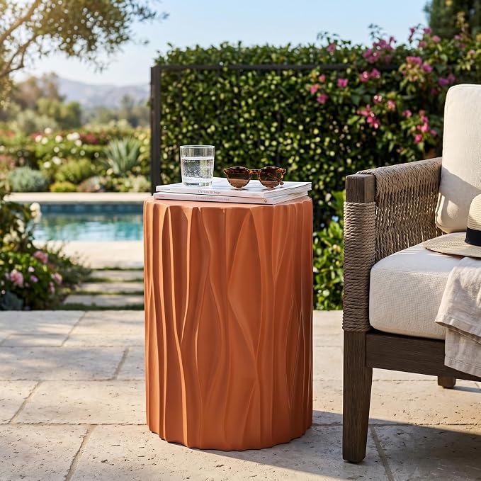 Terracotta Wave Textured MGO Cylindrical Side Table, Indoor & Outdoor Multi-Use Stool Table for Living Room Patio Balcony