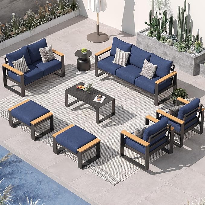 Sundale Outdoor Aluminum Patio Furniture Set, 7 Piece Outdoor Conversation Sets with Coffee Table, Ottoman and Washable Thick Cushions, All Weather Outdoor Sectional Set for Deck, Lawn (Navy Blue)